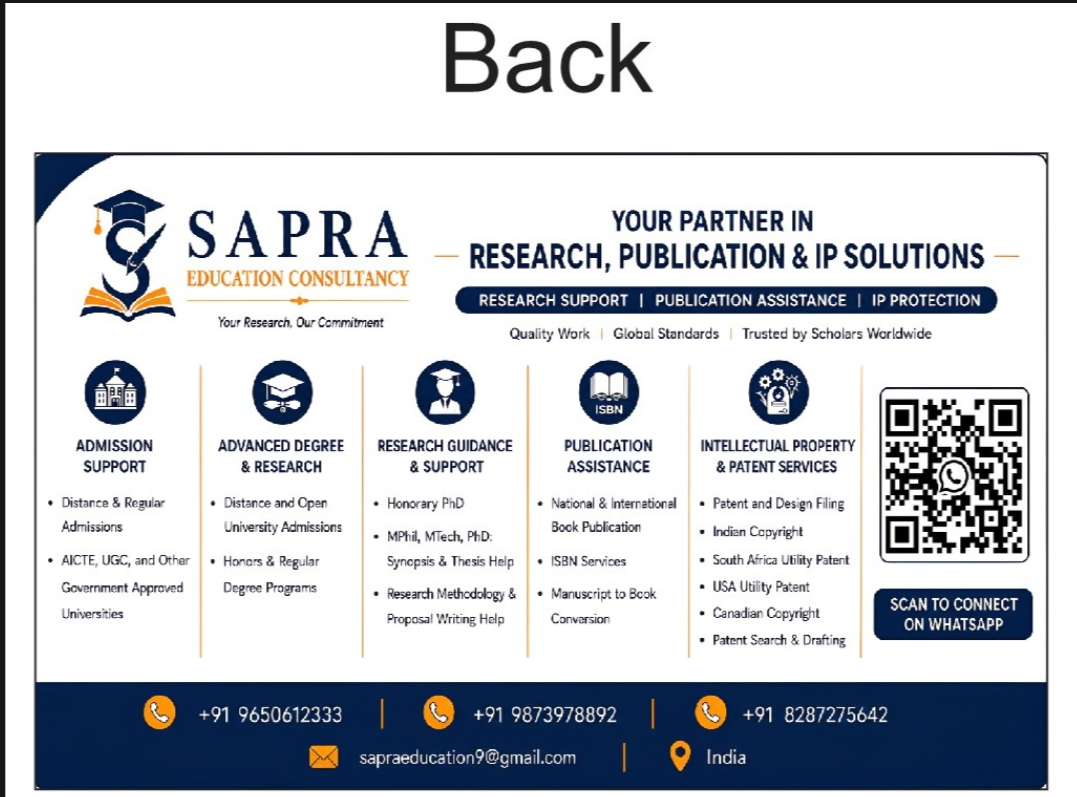 SAPRA Education Consultancy business card — back: research, publication and IP solutions